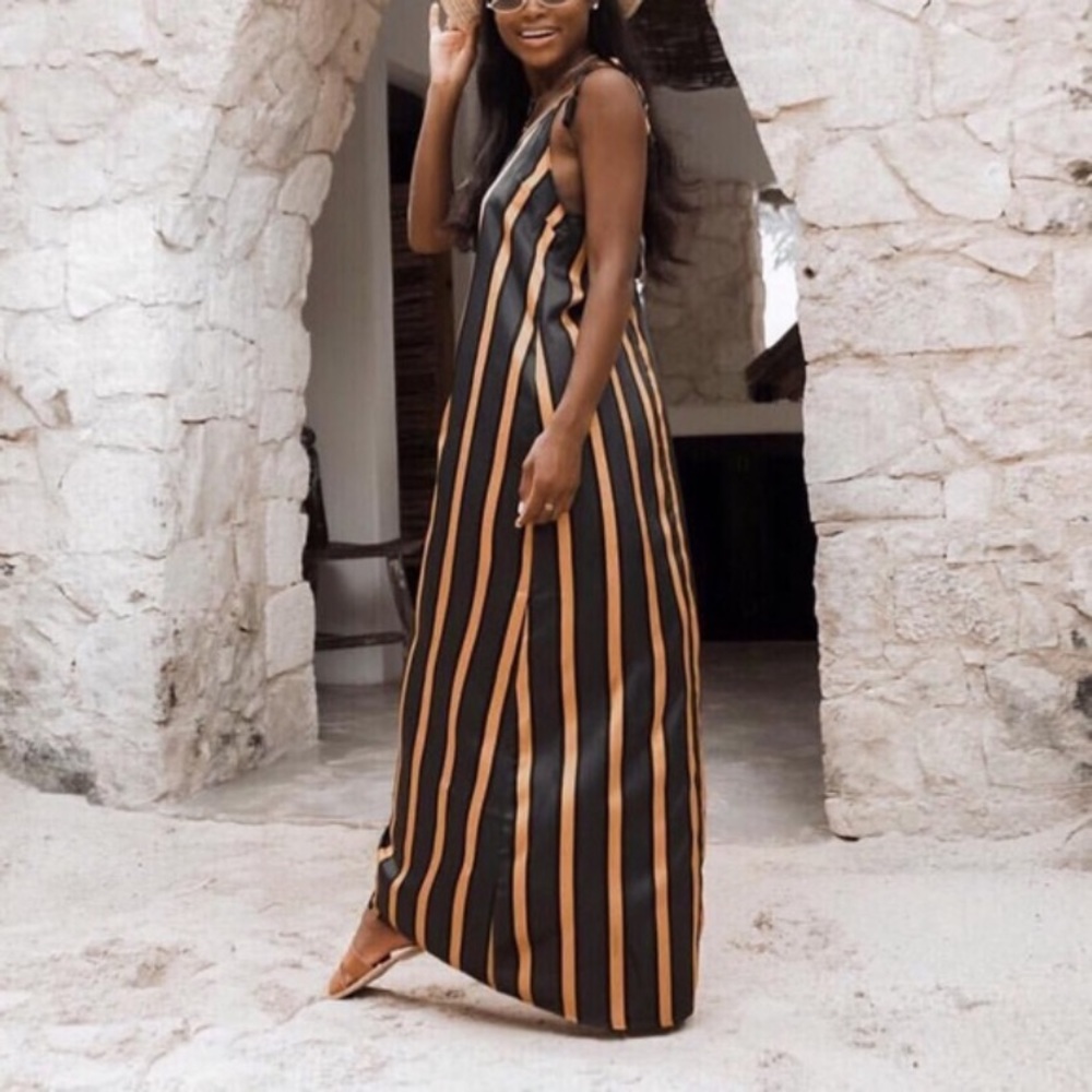 Black and gold satin maxi dress w/ string tassels